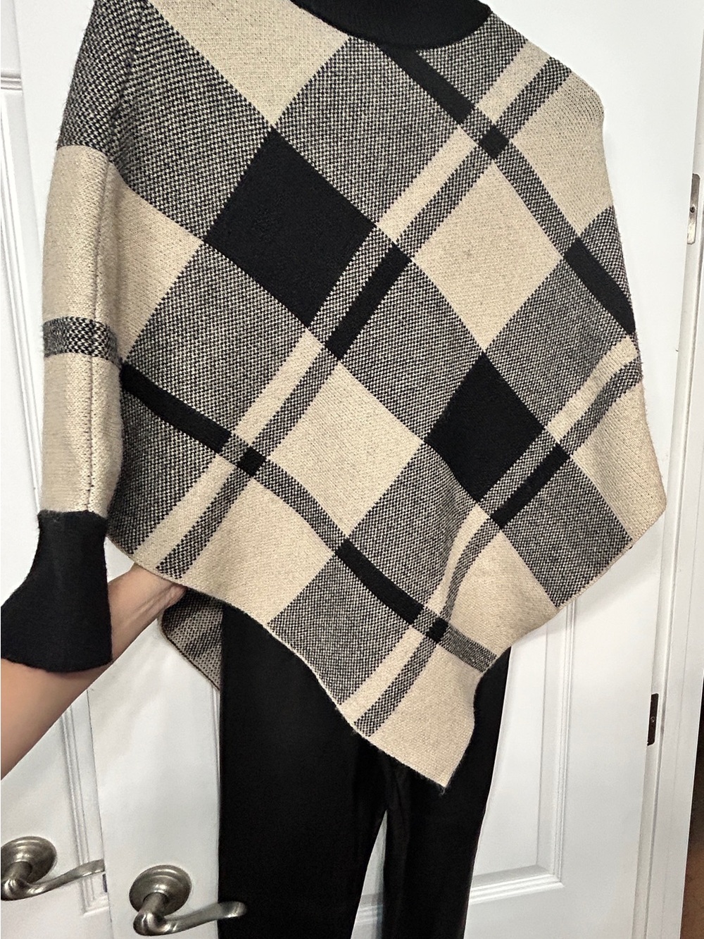 Womens Black & Cream Plaid Mock Neck Poncho and leggings